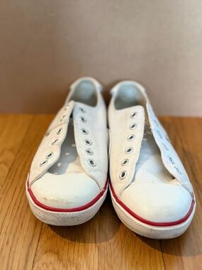 Women’s White Canvas Slip-On Sneakers with Red Trim